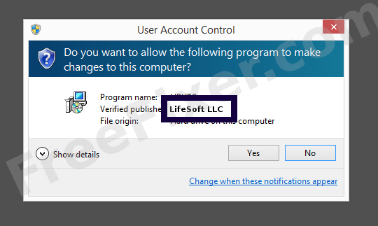 Screenshot where LifeSoft LLC appears as the verified publisher in the UAC dialog